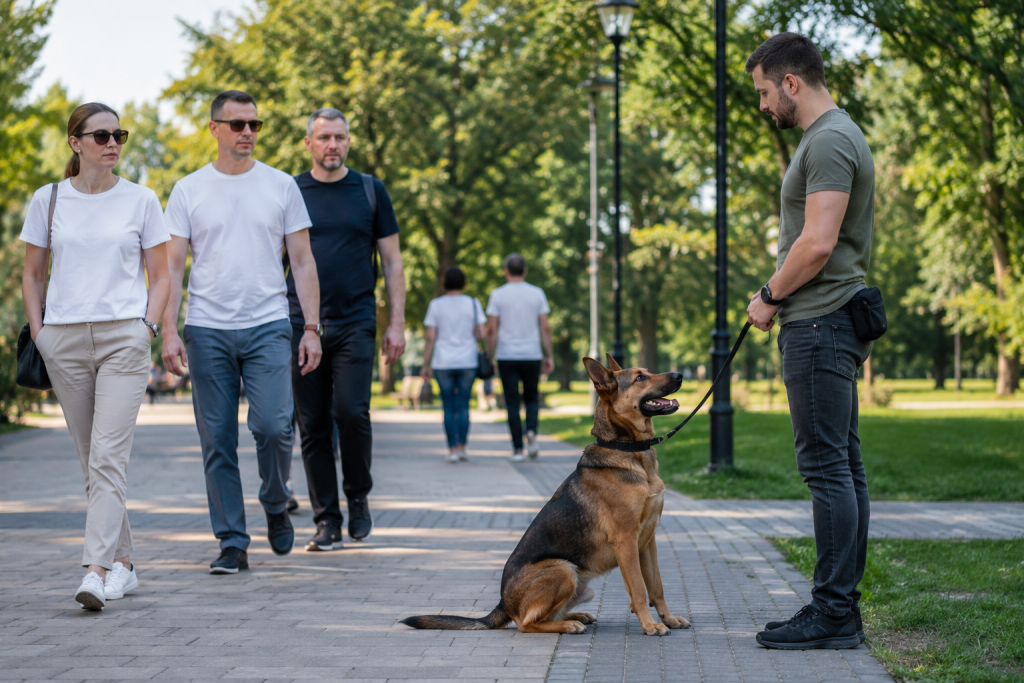 Собака гавкає на чужих людей – господар контролює поведінку собаки під час прогулянки
