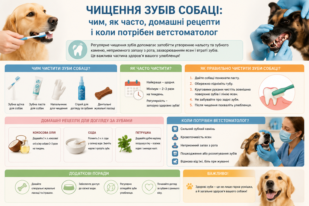 Інфографіка про догляд за зубами собаки з порадами щодо засобів чищення, домашніх рецептів та показань до ветеринара