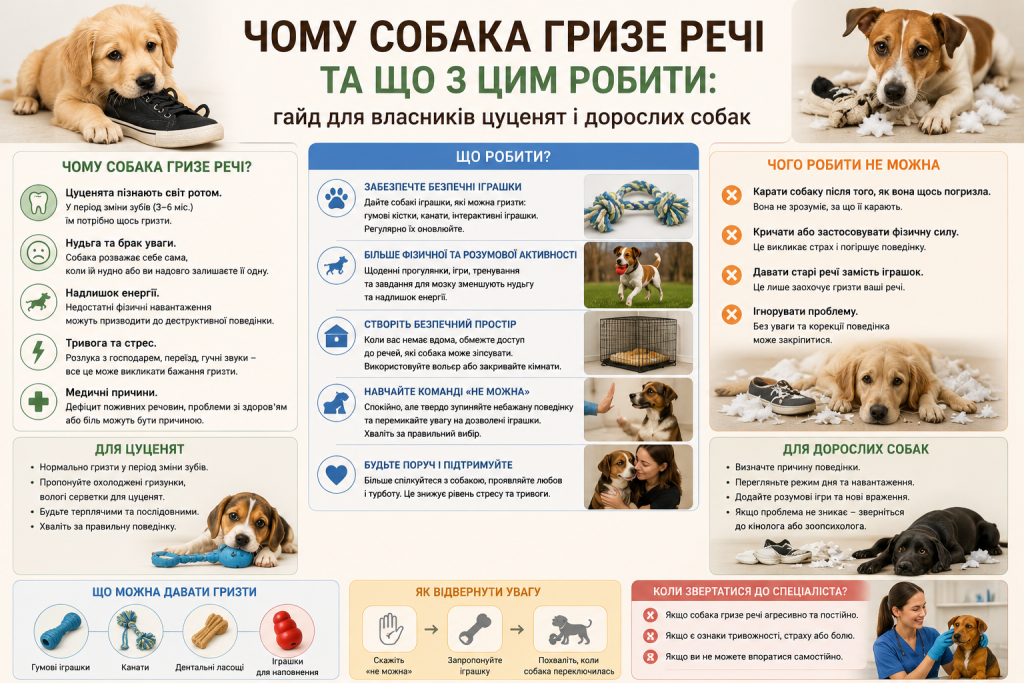 Інфографіка з причинами деструктивної поведінки собак та порадами для власників цуценят і дорослих псів