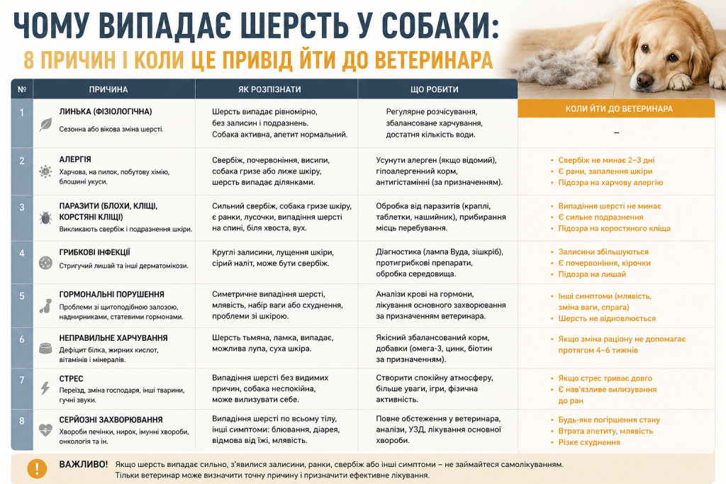 Інфографіка з таблицею восьми причин випадіння шерсті у собаки, способами розпізнавання та рекомендаціями щодо лікування
