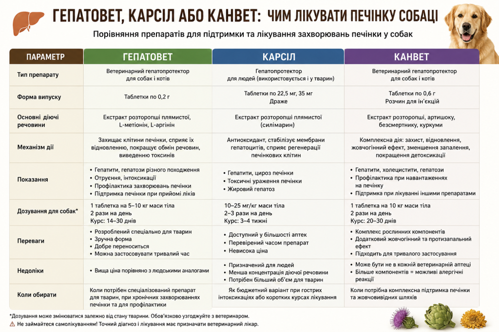 Інфографіка з порівняльною таблицею трьох препаратів для лікування печінки у собак — Гепатовету, Карсілу та Канвету