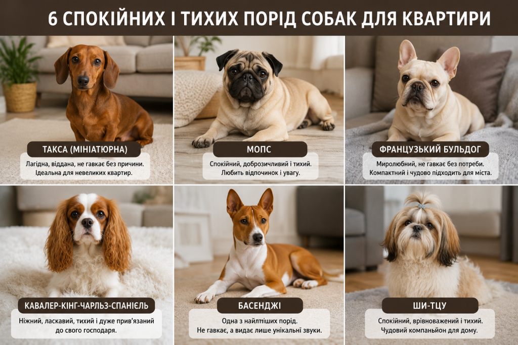 ТОП-10 порід собак для квартири: тихі та спокійні Колаж із фотографіями шести тихих порід собак для квартири — такса, мопс, французький бульдог, кавалер-кінг-чарльз-спанієль, басенджі та ши-тцу