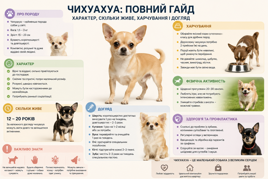 Інфографіка про породу чихуахуа: характер, харчування, догляд, здоров'я та скільки живе