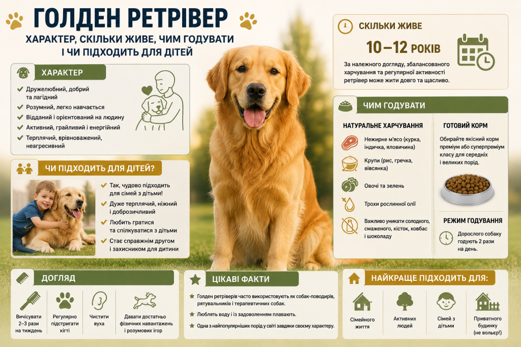 Інфографіка про голден ретрівера — характер, тривалість життя, чим годувати, догляд та чи підходить порода для сімей з дітьми