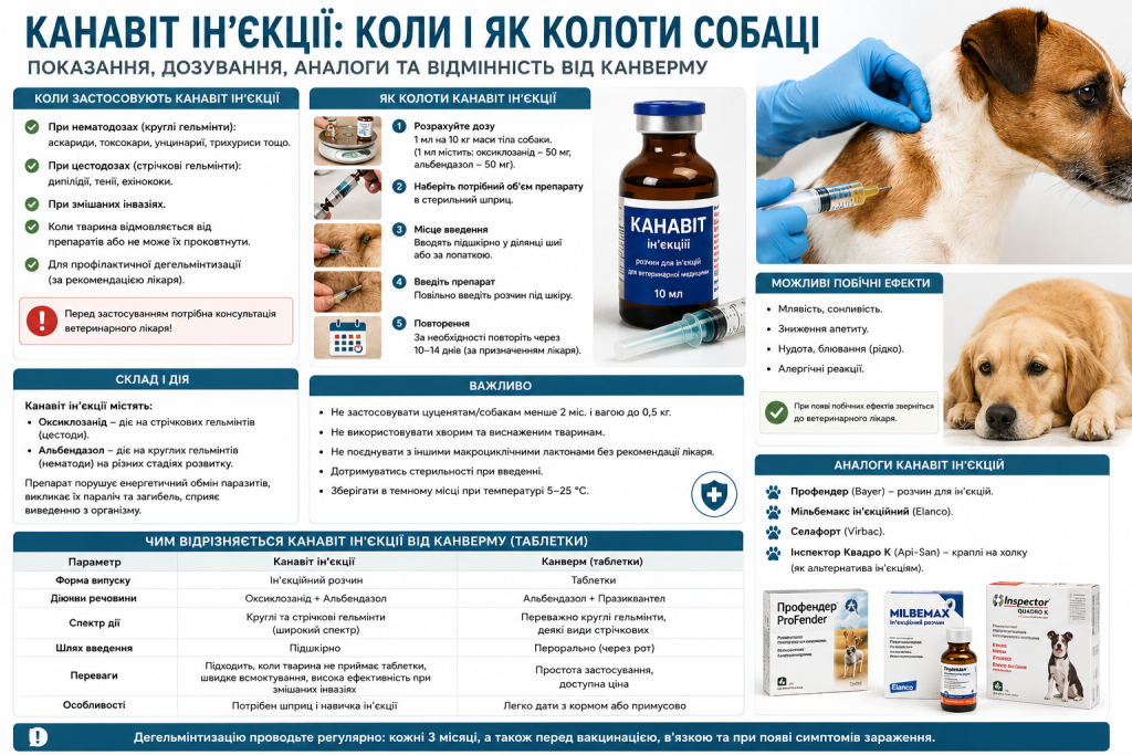 Інфографіка про застосування препарату Канавіт для собак — дозування та аналоги