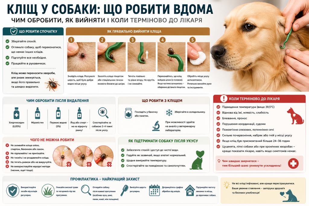 Інфографіка з покроковою інструкцією видалення кліща у собаки