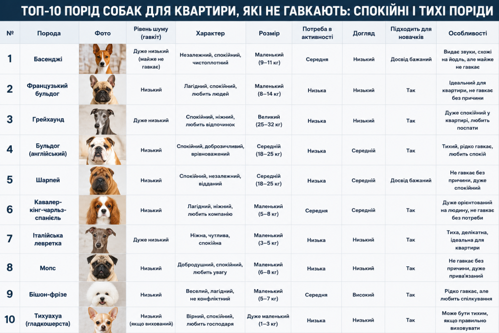 Порівняльна таблиця десяти найтихіших порід собак для квартири — рівень шуму, характер, розмір, потреба в активності та підхожість для новачків