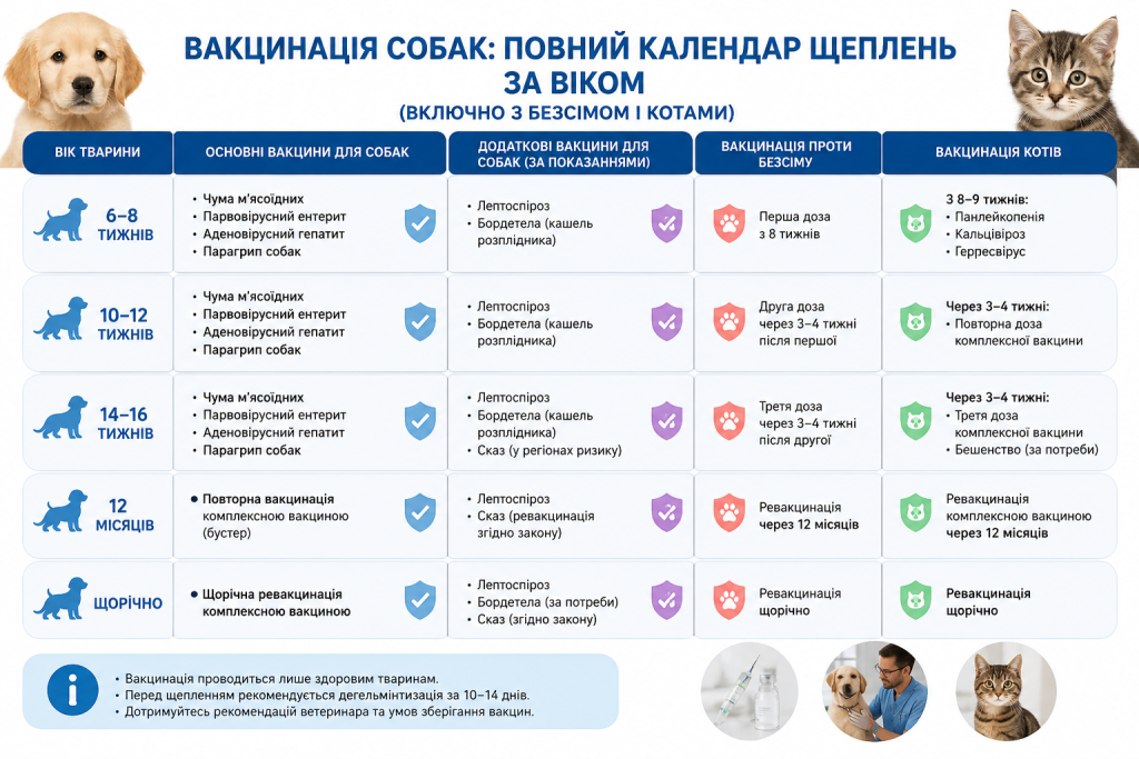 Таблиця щеплень для собак і котів за віком: основні та додаткові вакцини, вакцинація проти сказу