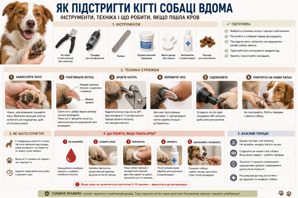 Інфографіка з покроковою інструкцією щодо безпечного підстригання кігтів собаці