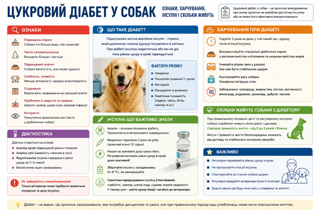 Інфографіка про ознаки, діагностику, харчування та інсулінотерапію при цукровому діабеті у собак